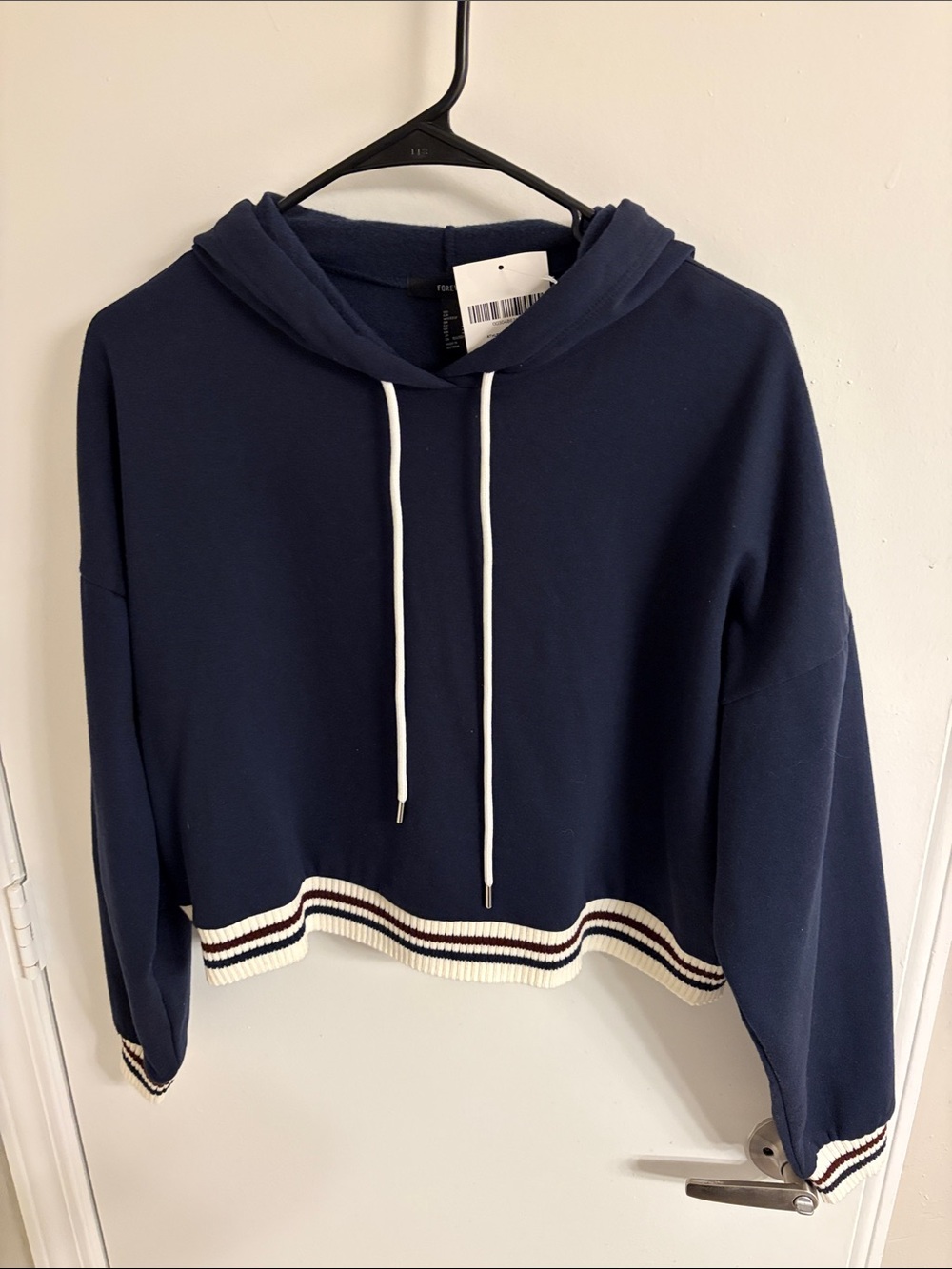 Forever 21 Navy Cropped Hoodie with White Drawstrings
